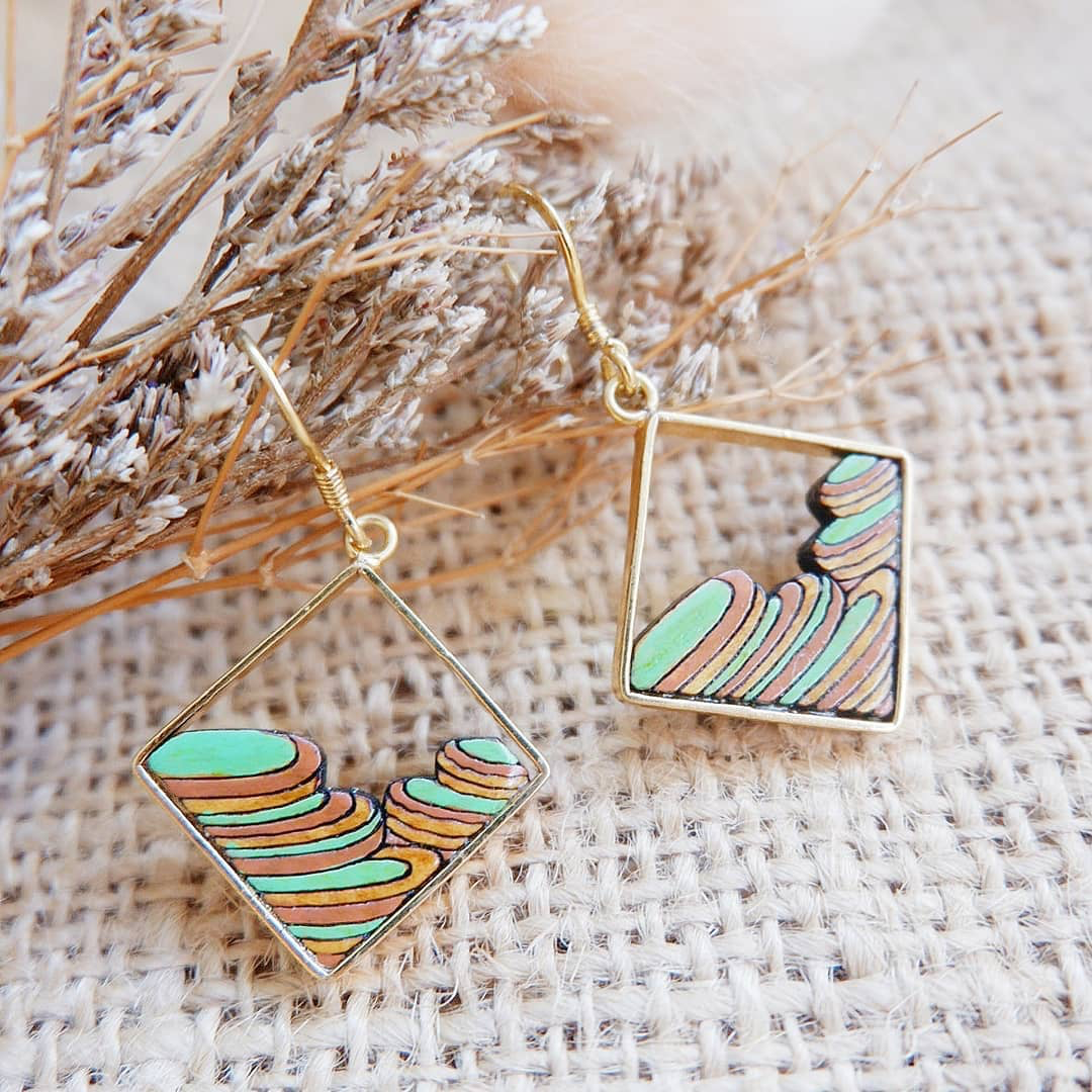 Rice Terrace Eco-friendly Recycled Wood Gold Earrings by Paguro Upcycle