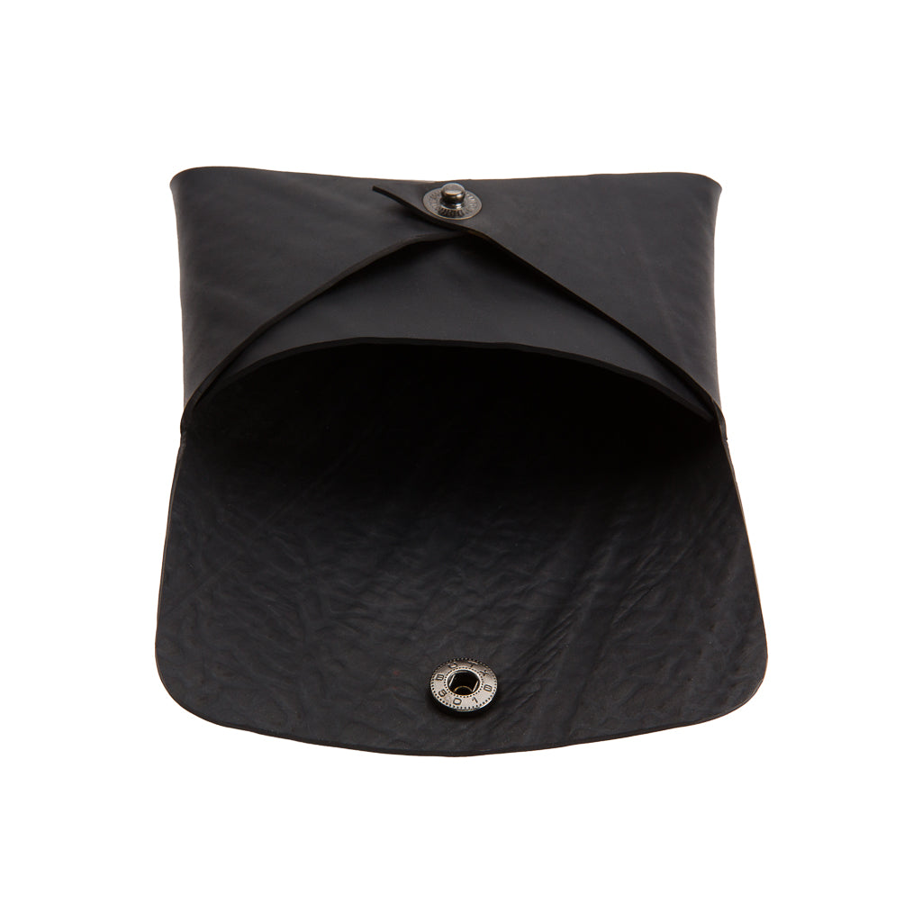 Paguro Upcycle black recycled rubber card holder with snap button closure open view