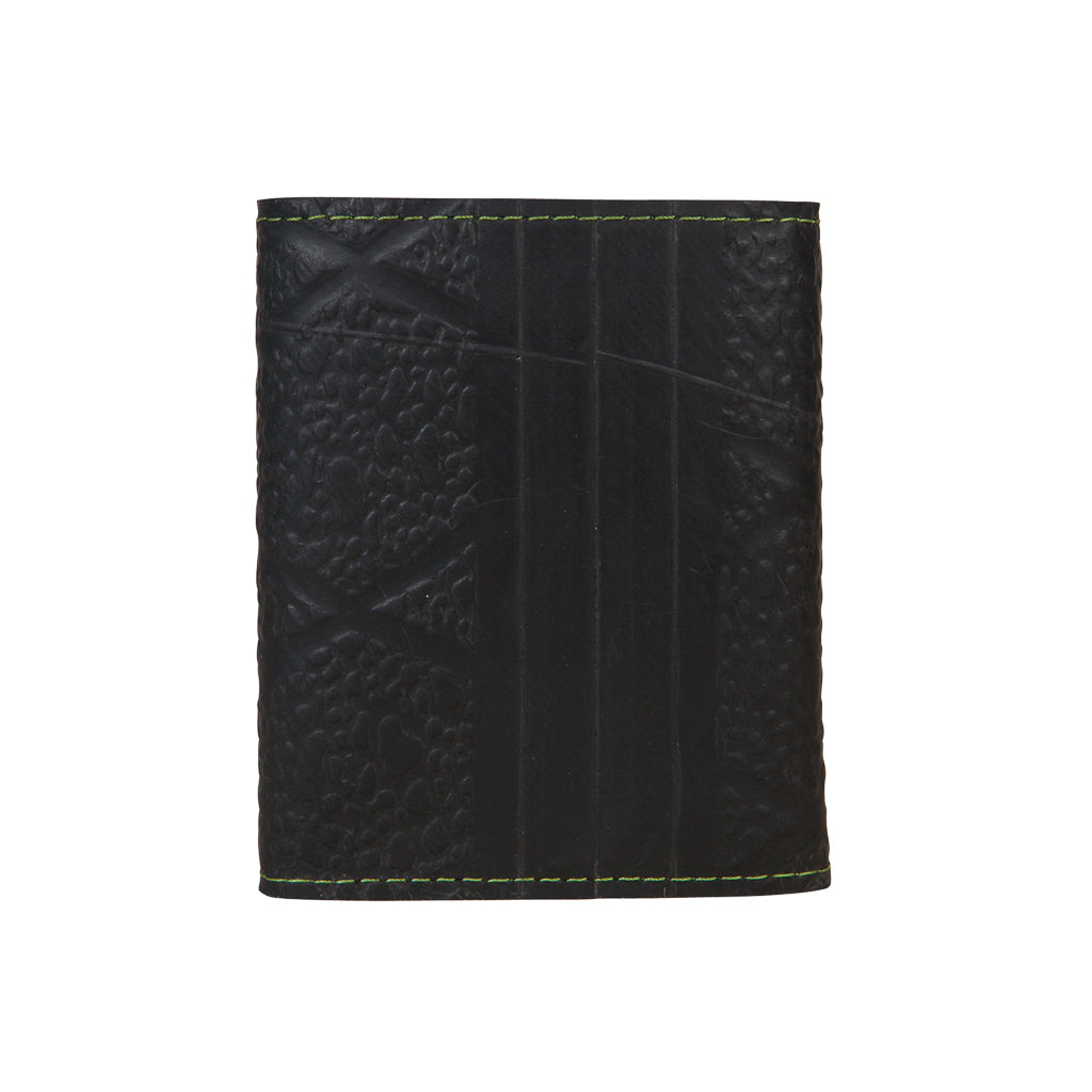 Paguro Upcycle black vegan recycled wallet with textured design and green stitching
