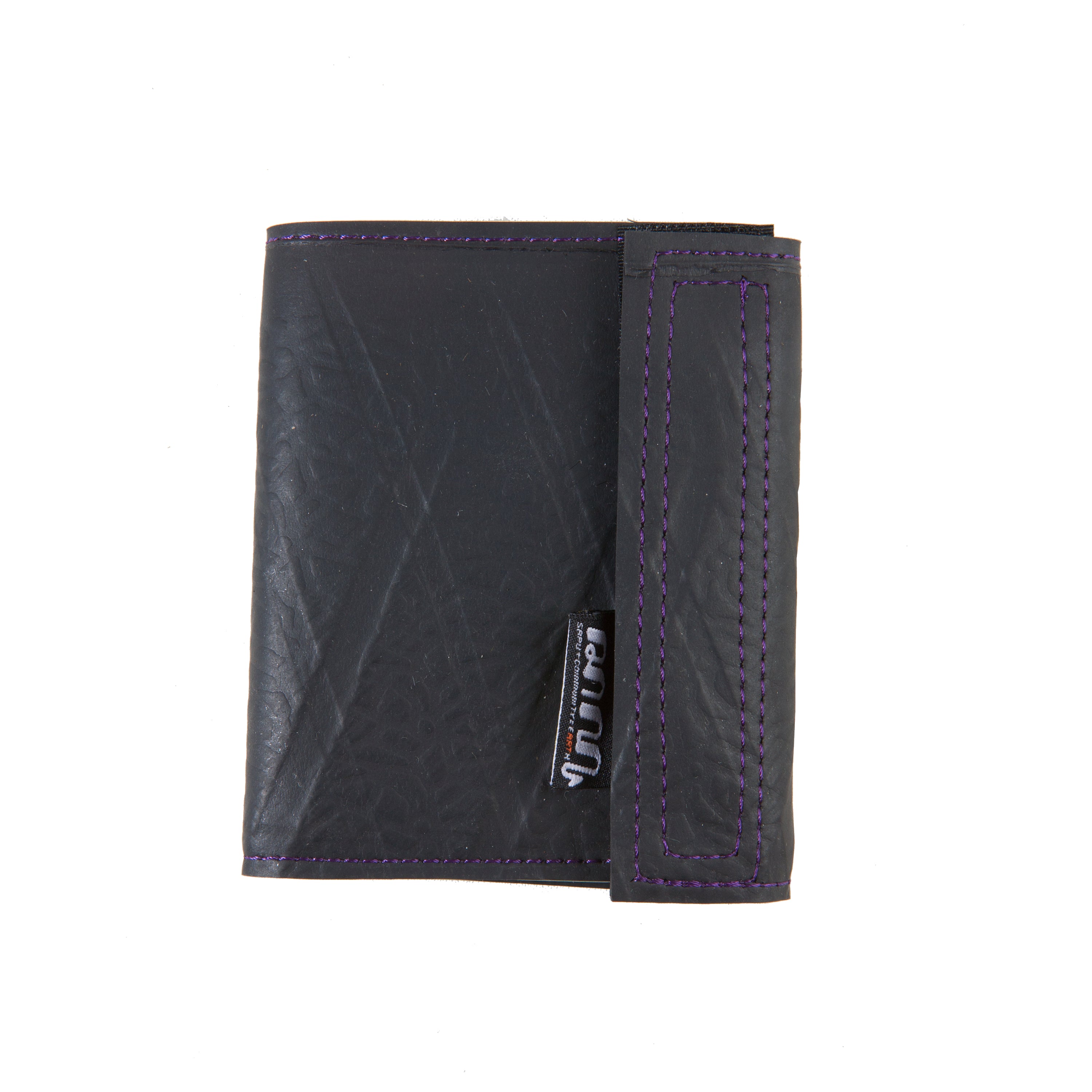 Paguro Upcycle black vegan recycled wallet with purple stitching made from upcycled materials