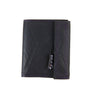 Black vegan recycled wallet by Paguro Upcycle with purple stitching and compact design