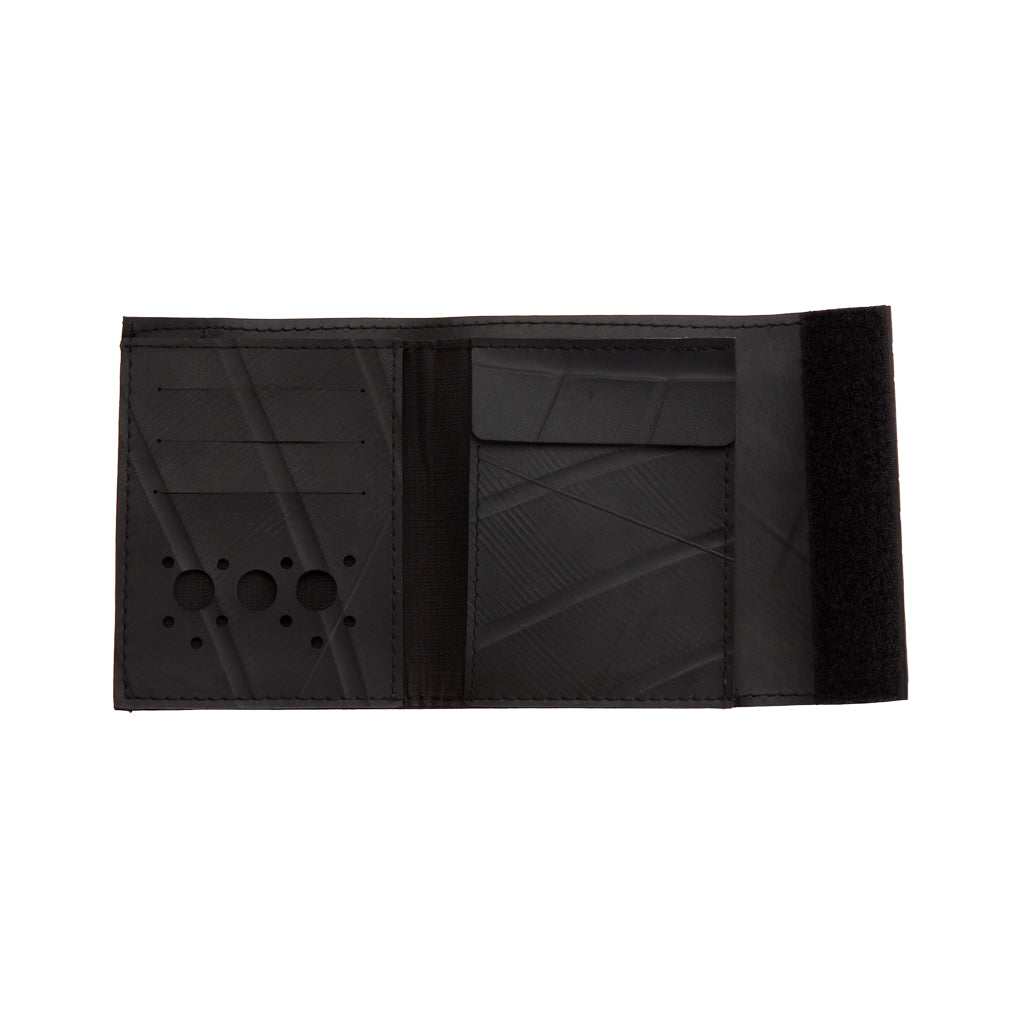 Paguro Upcycle black vegan recycled wallet with card slots and secure Velcro closure
