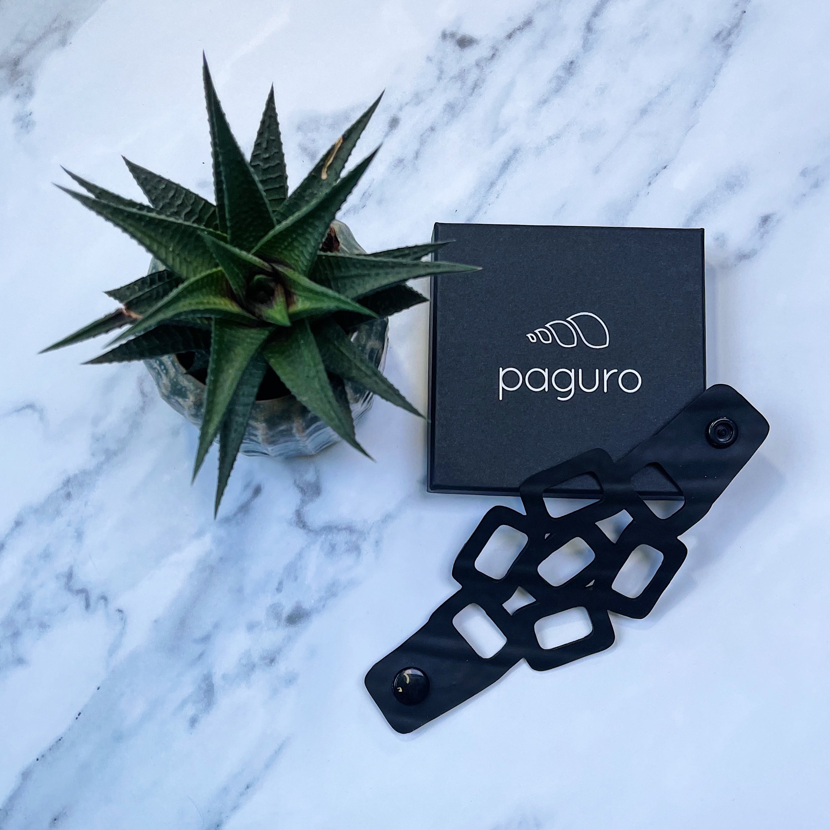 Paguro Upcycle eco friendly chain bracelet in black displayed next to plant and branded box on marble surface