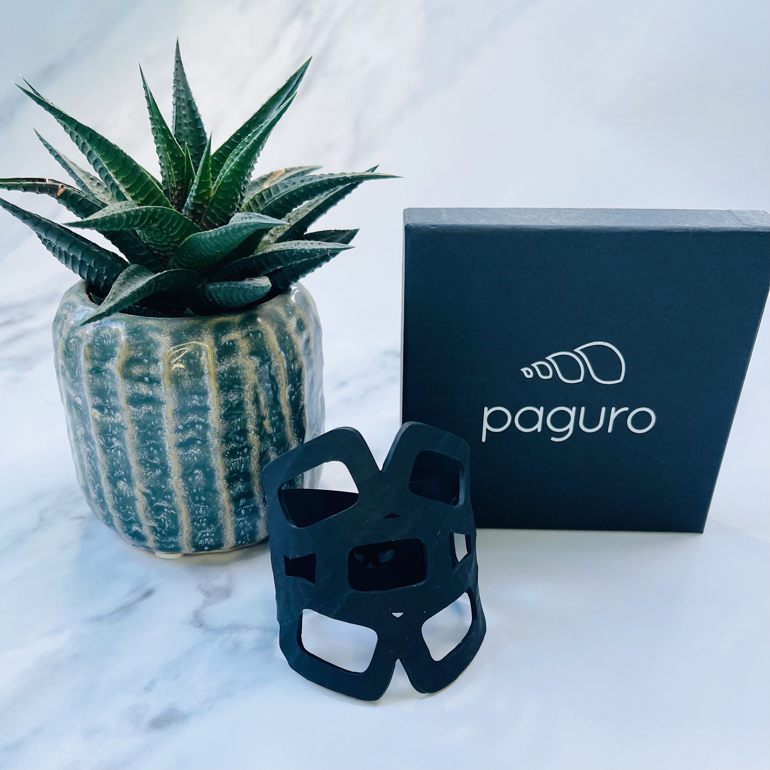 Paguro Upcycle eco friendly chain bracelet displayed with branded box and potted succulent plant