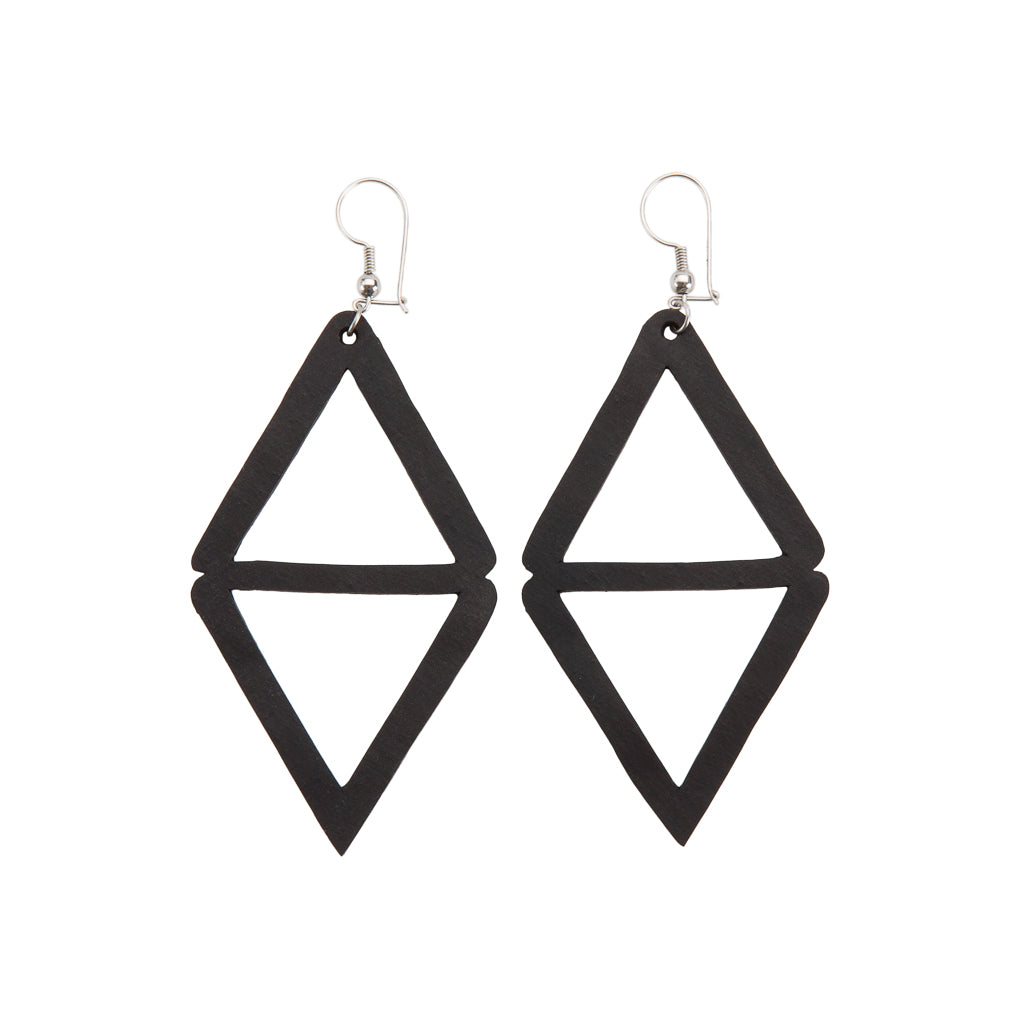 Paguro Upcycle black geometric double diamond recycled rubber earrings with silver hooks lightweight pair