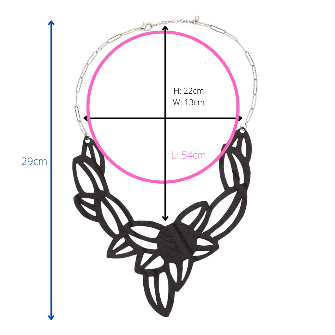 Paguro Upcycle vegan inner tube necklace with black floral design and silver chain measuring 54cm length