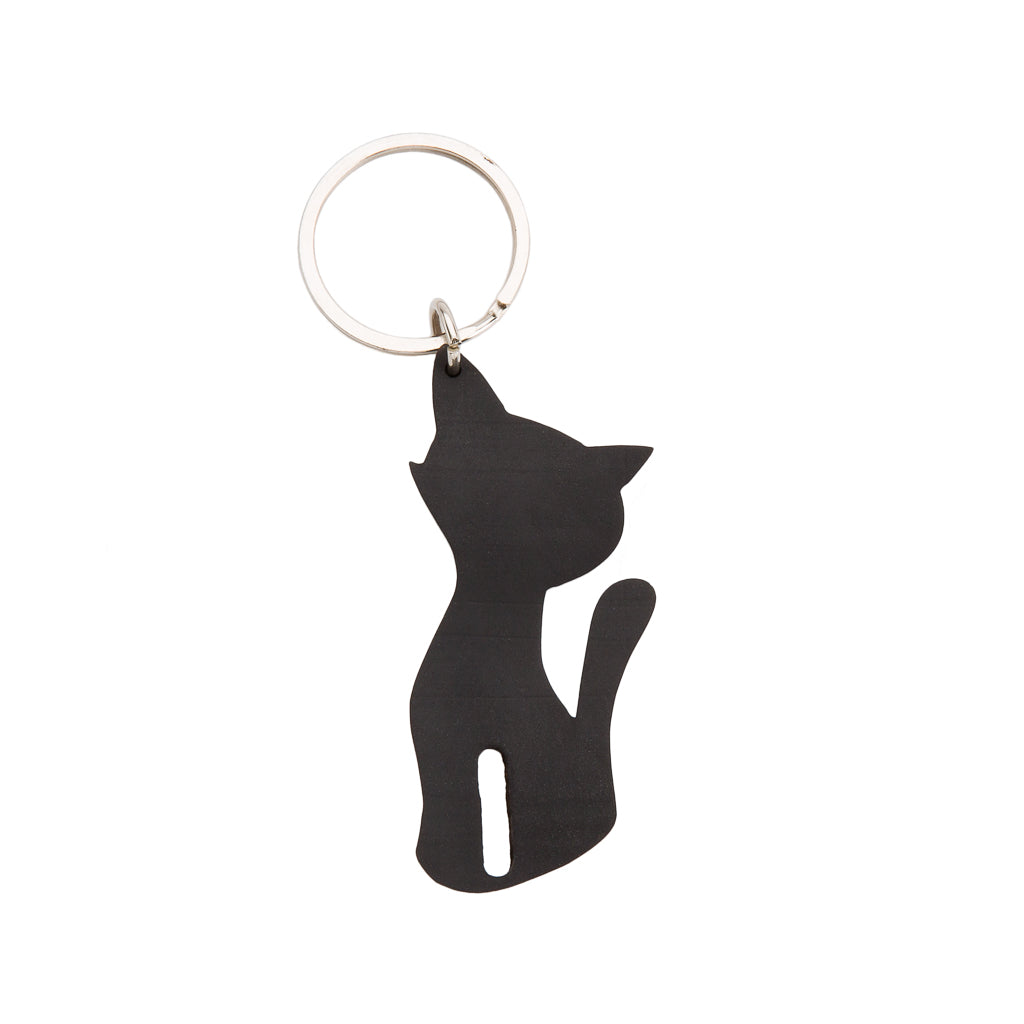 Recycled rubber cat keyring by Paguro Upcycle black cat silhouette keychain accessory