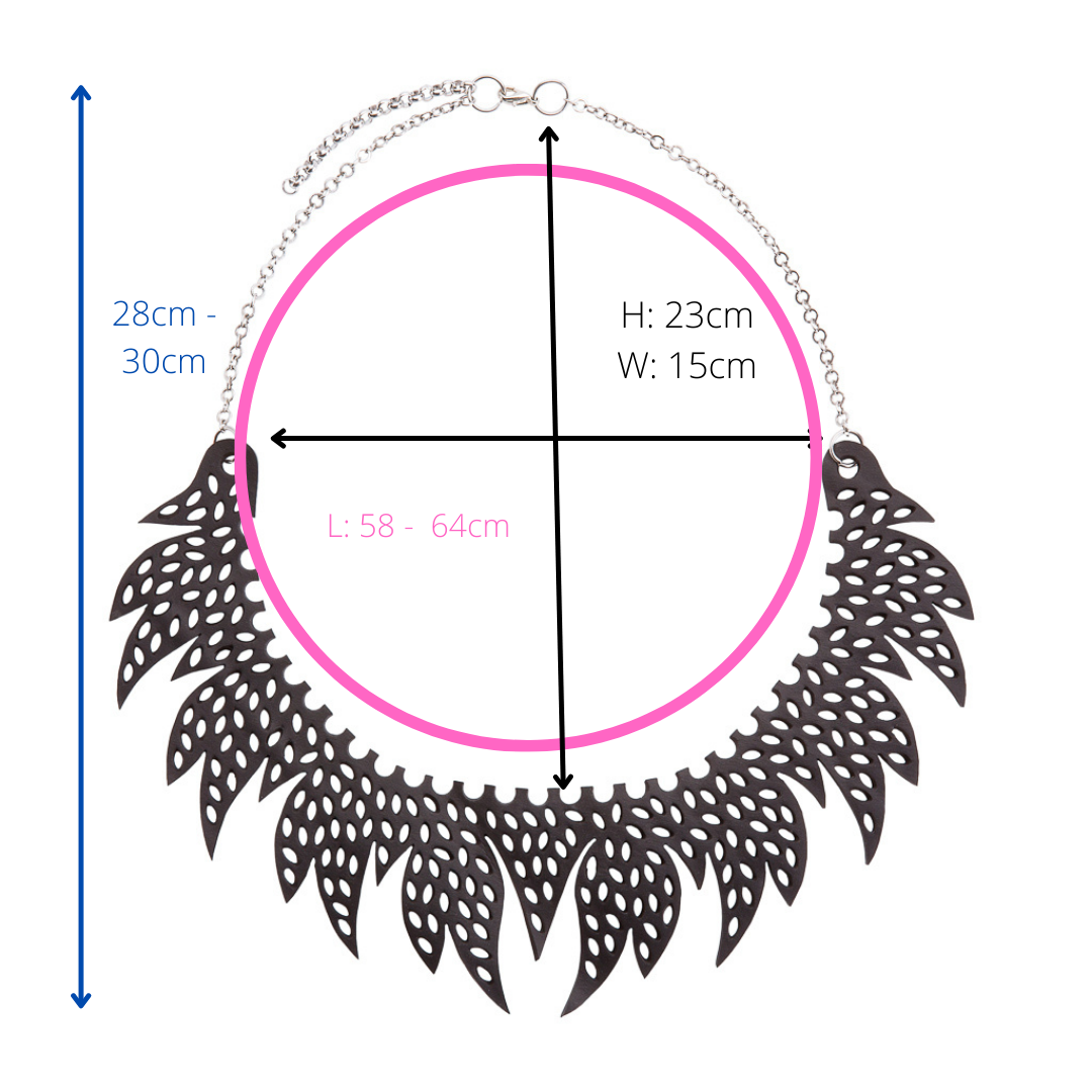 Paguro Upcycle upcycled inner tube necklace with black leaf-shaped cutout design and adjustable chain