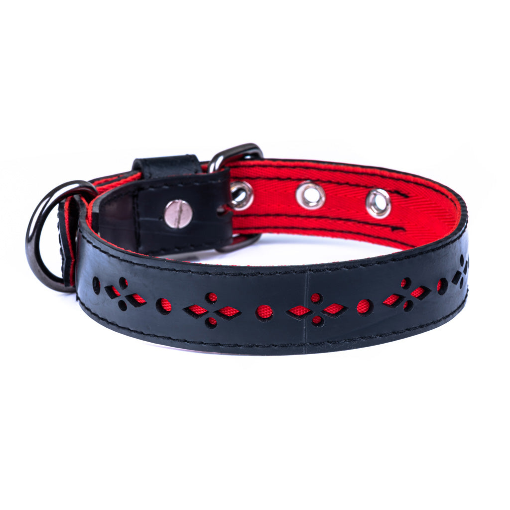 Paguro Upcycle vegan dog collar recycled in black with red lining and decorative cutout design