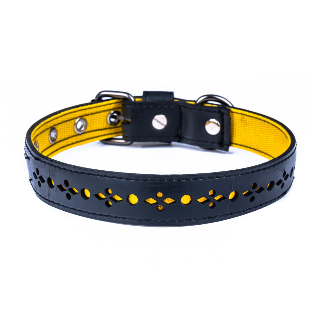 Paguro Upcycle vegan dog collar recycled with black outer layer and yellow inner lining featuring decorative cutouts