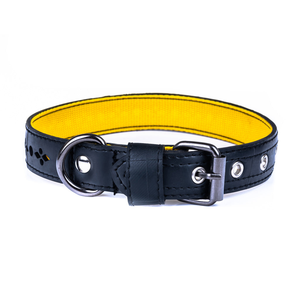 Paguro Upcycle vegan dog collar recycled black and yellow with metal buckle and D-ring