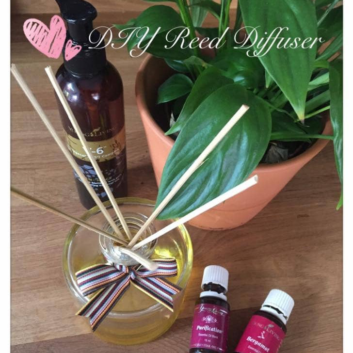 DIY reed diffuser setup with essential oils and a plant, explaining how to make a diffuser at home