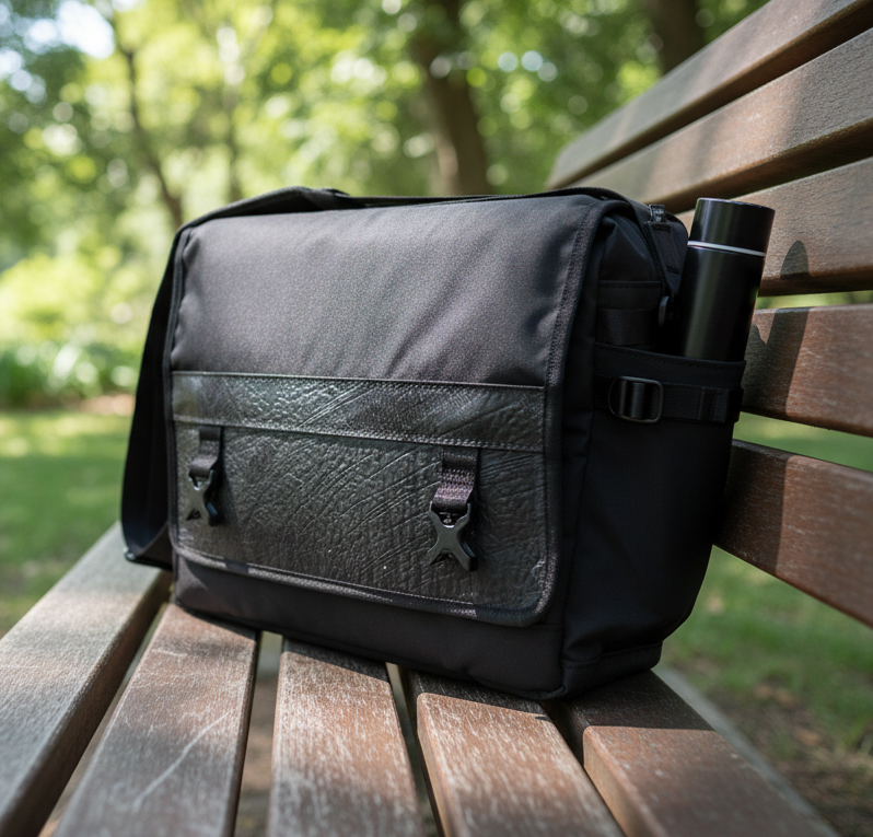 New in upcycled vegan messenger bag
