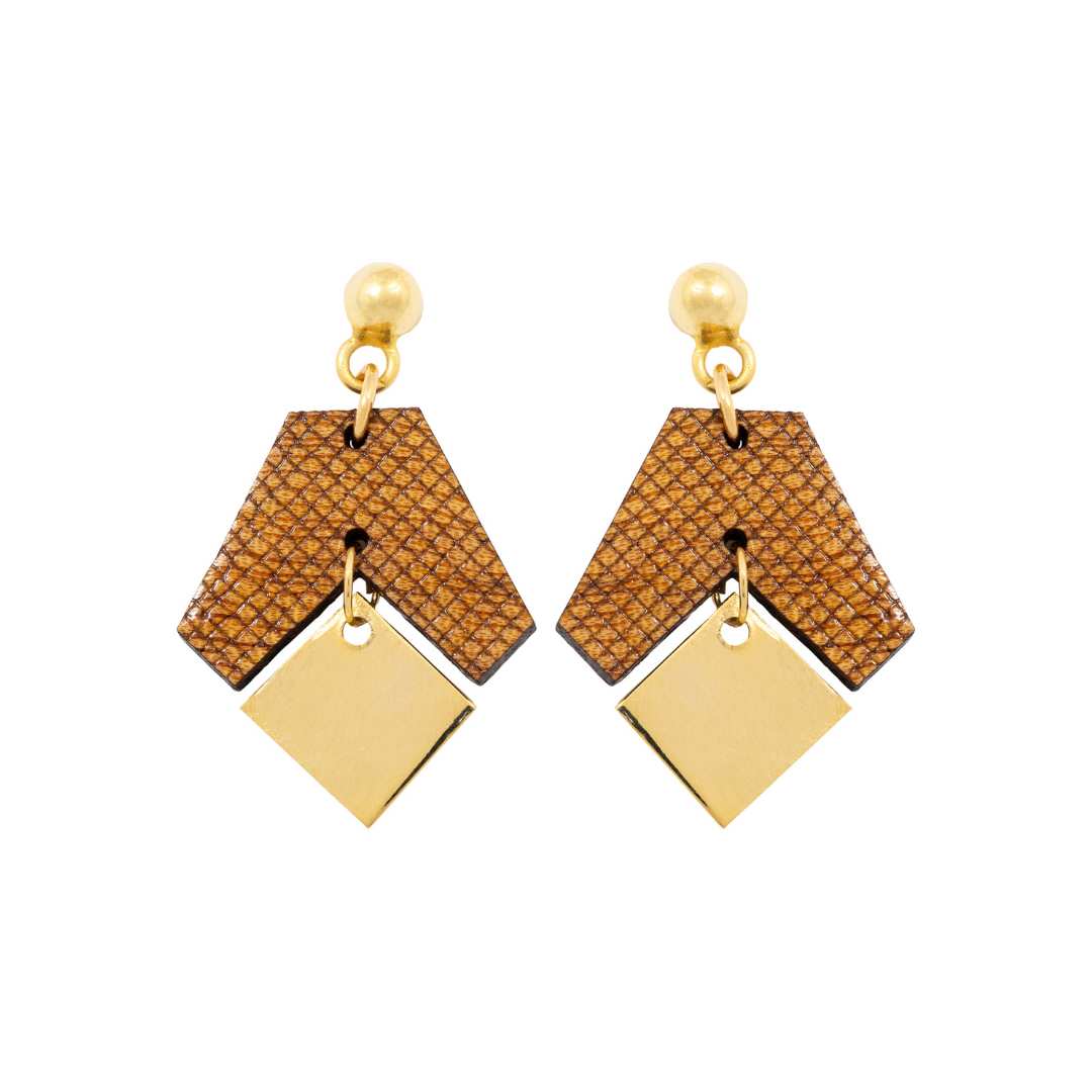 Handmade Recycled Triangle Wooden Oak Eco Earrings, Hand Painted with A Multicoloured Pattern