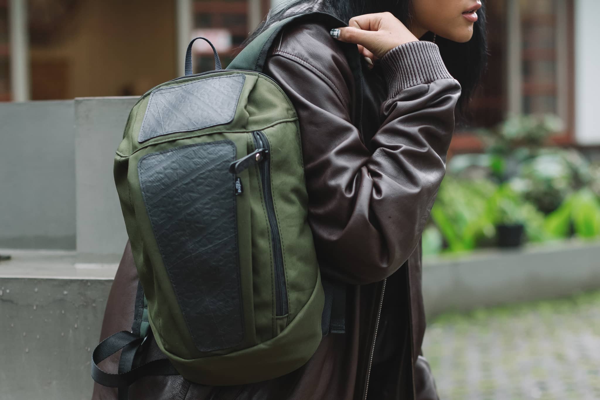 Cadet backpack handcrafted from recycled rubber and army tent canvas