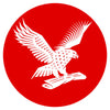 Eagle holding a newspaper within a red circle.