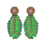 Paguro Upcycle vibrant green and orange reclaimed wood earrings shaped like leaves with dotted circular tops