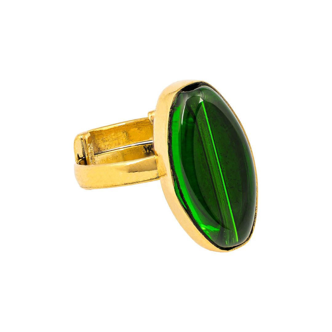 Paguro Upcycle recycled glass ring with oval green glass set in gold-tone adjustable band