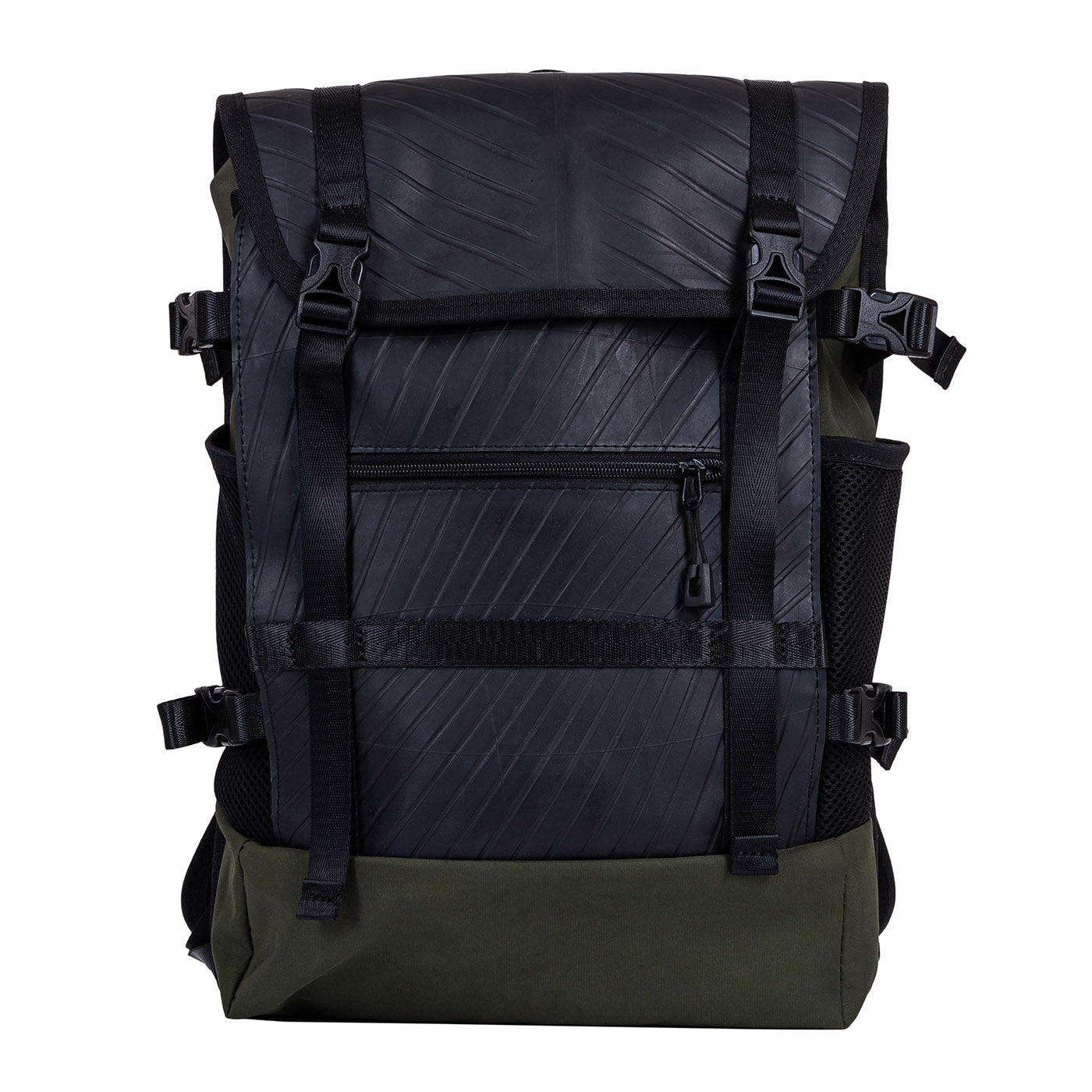 Black and green backpack with front zip pocket and straps.