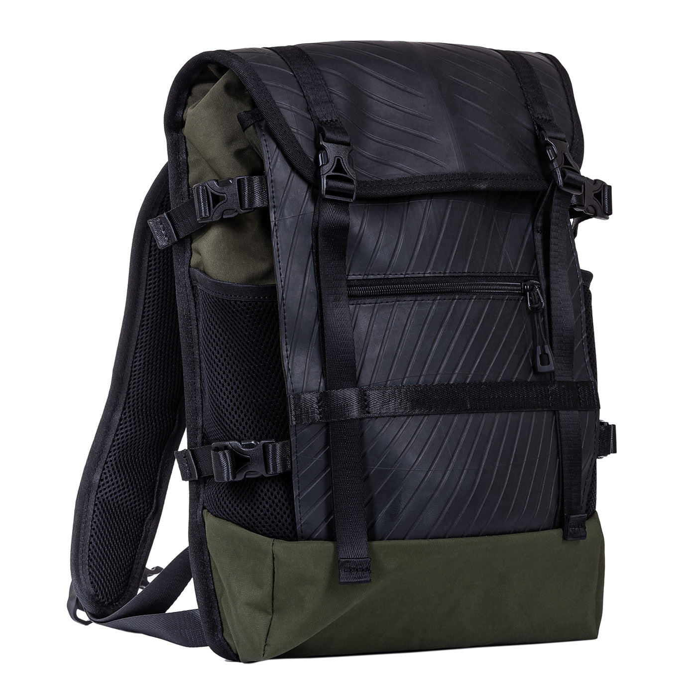 A black and green backpack with a roll-top design and multiple straps.