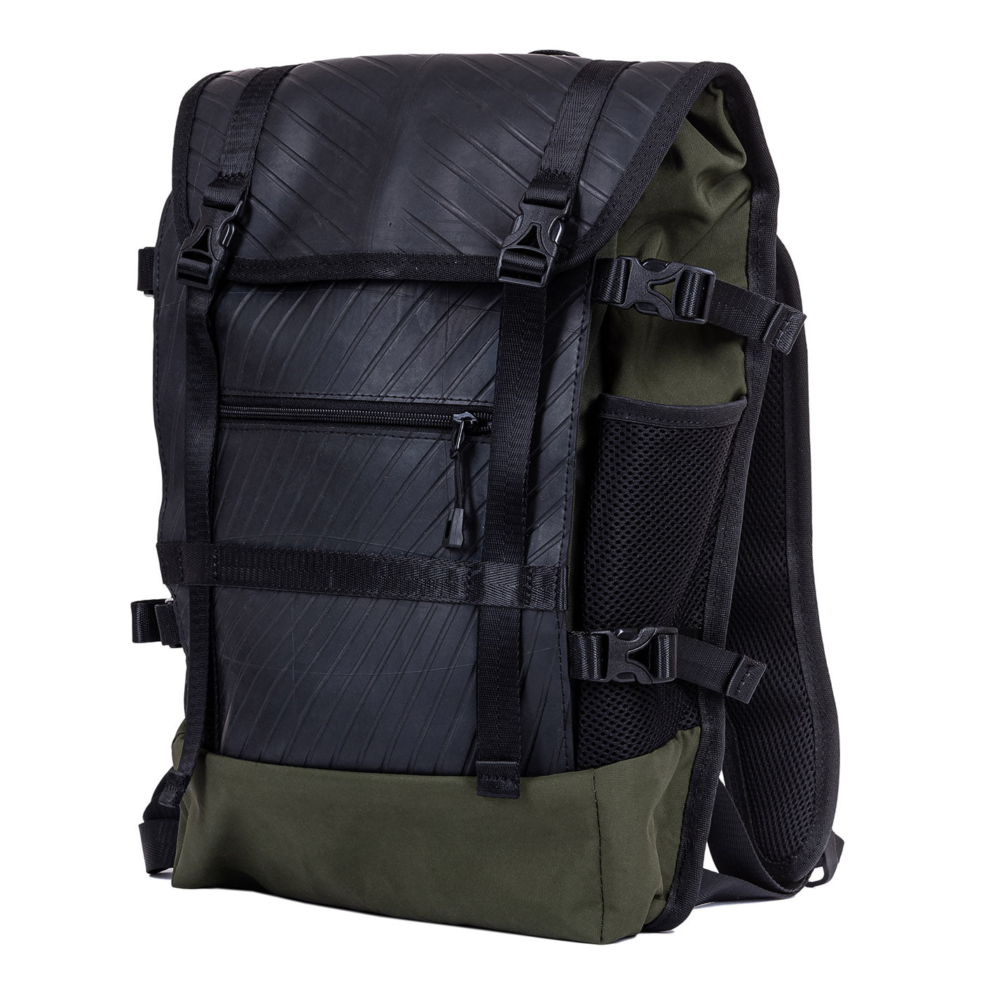 Black and green backpack with multiple pockets and adjustable straps.