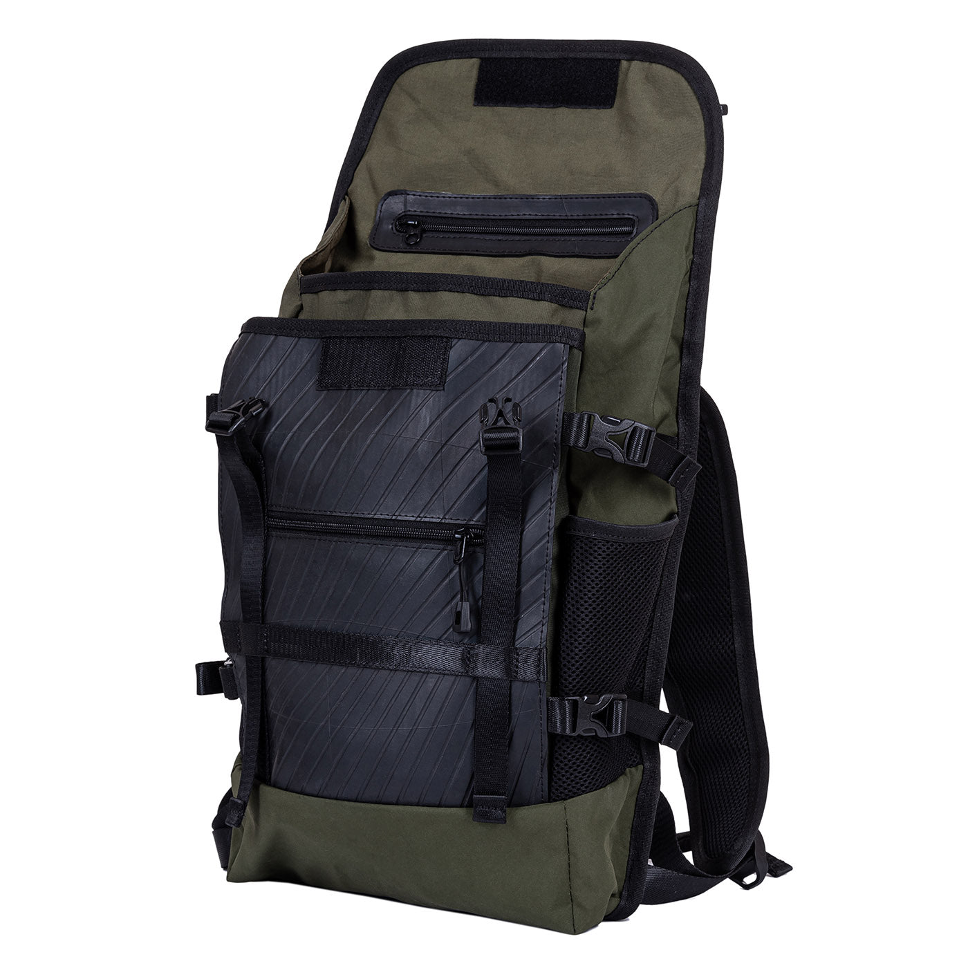 Olive green and black backpack with multiple zippered compartments and adjustable straps.