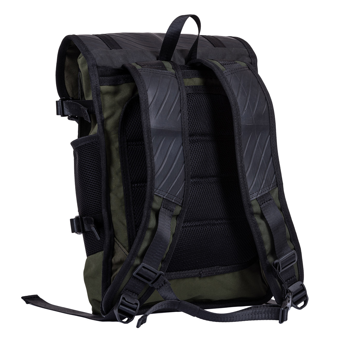 A dark green and black backpack with padded straps and buckle adjustments.