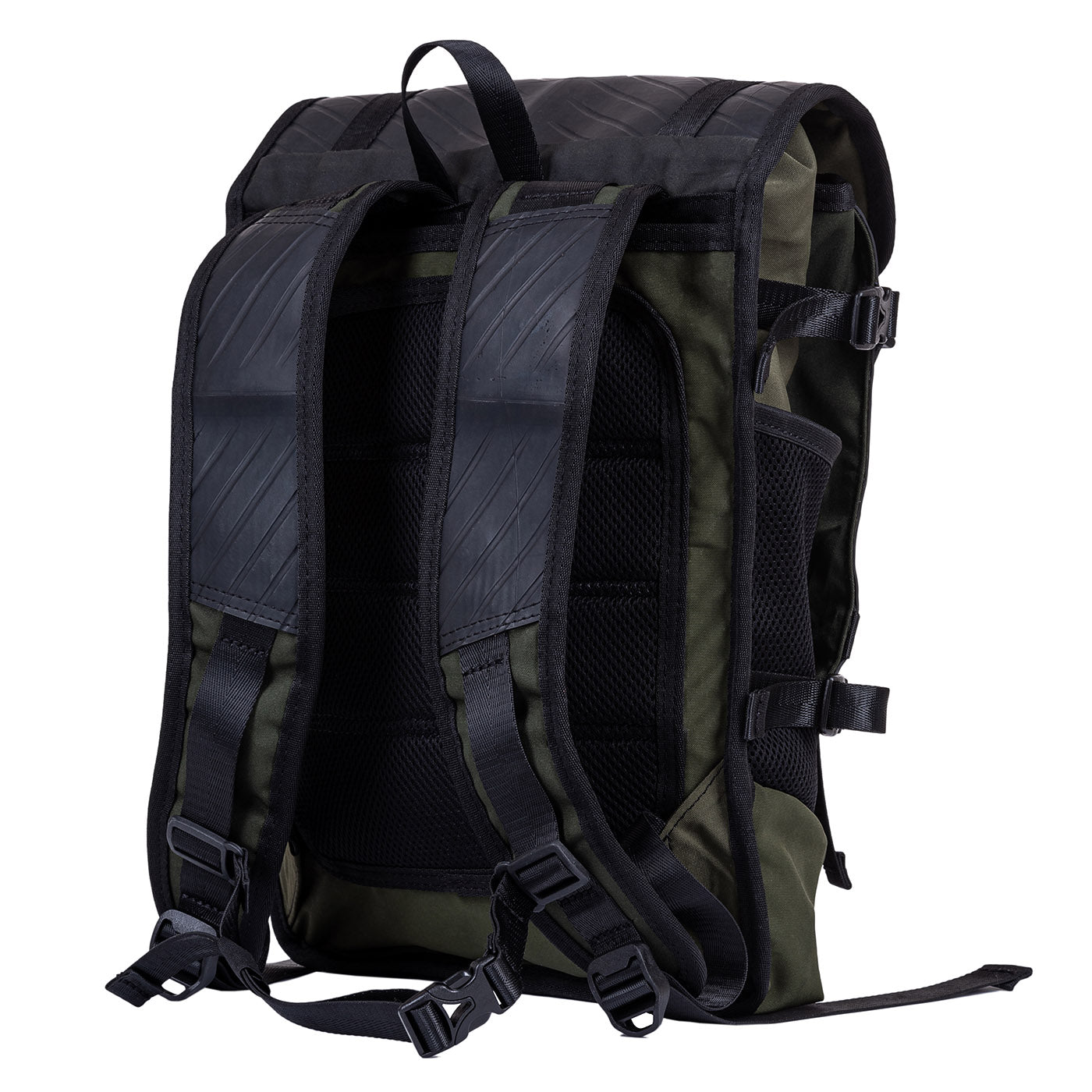Dark green and black backpack with adjustable padded straps and buckle closures.