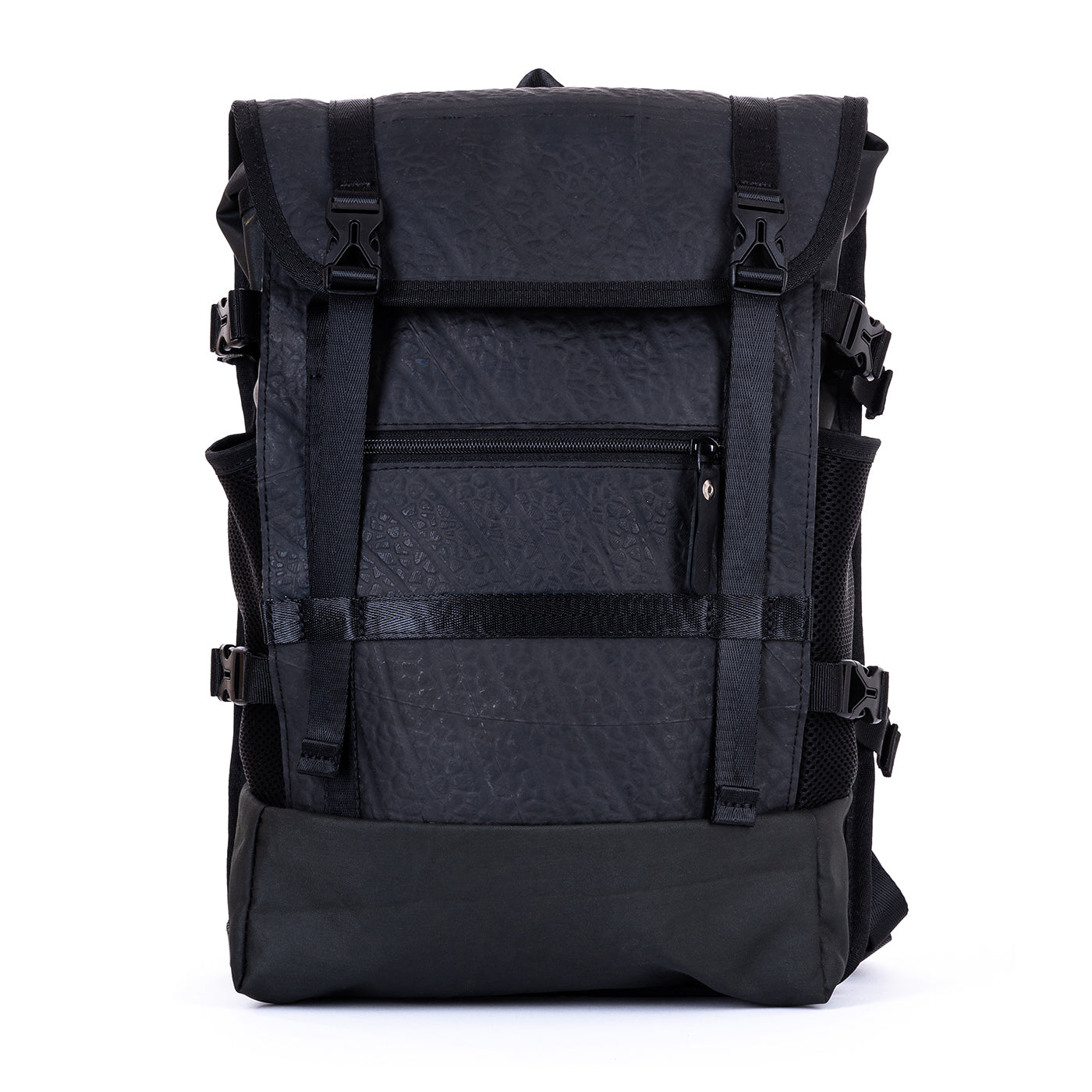 A black backpack with multiple straps and a front zipper pocket.
