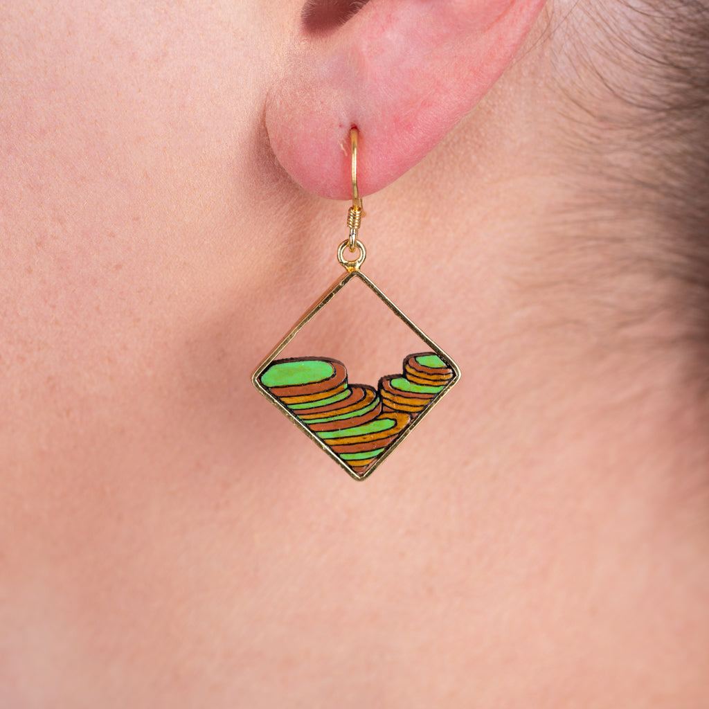 Rice Terrace Eco-friendly Recycled Wood Gold Earrings by Paguro Upcycle
