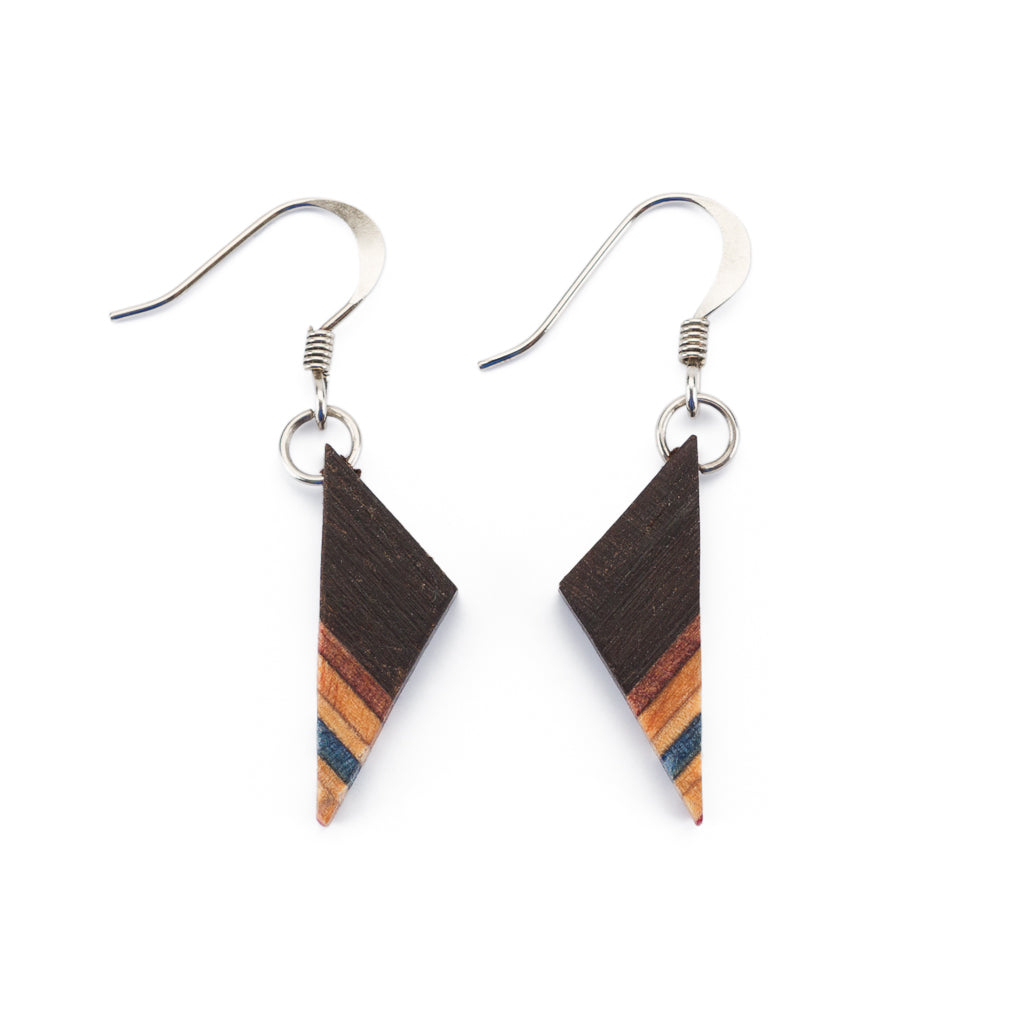 Paguro Upcycle upcycled skateboard earrings with geometric wooden design and metal hooks
