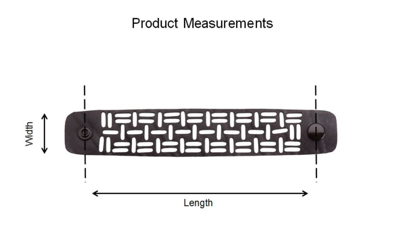 Black recycled rubber bracelet by Paguro Upcycle with detailed product length and width measurements