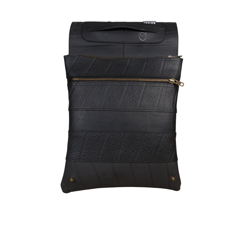 Paguro Upcycle black recycled rubber crossbody bag with front zipper pocket and adjustable strap