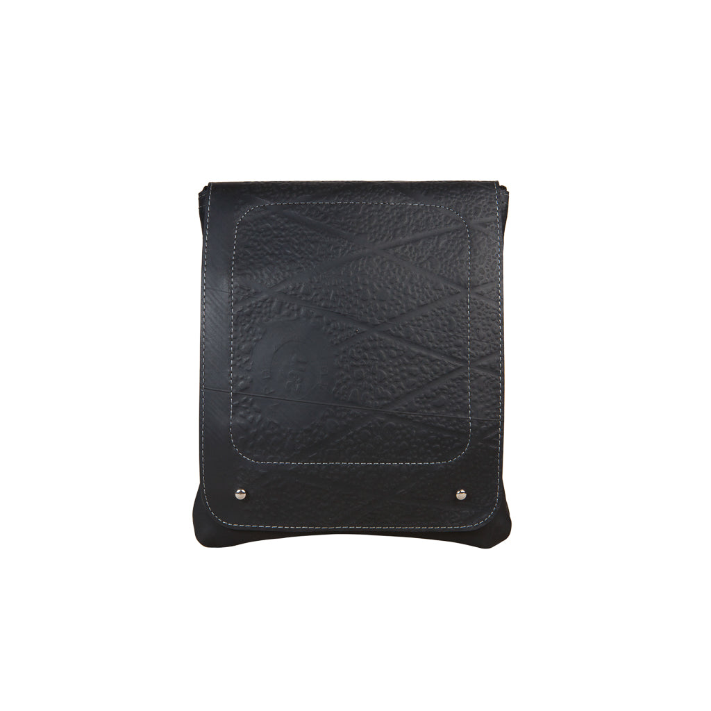 Paguro Upcycle black recycled rubber crossbody bag with textured flap and silver rivet details