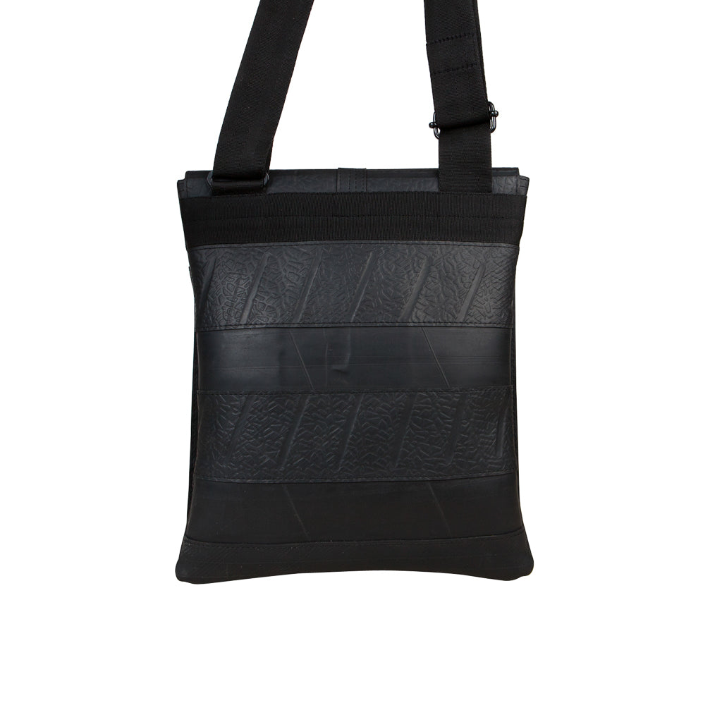 Paguro Upcycle black recycled rubber crossbody bag with adjustable strap and durable design