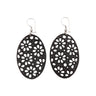 Paguro Upcycle black oval floral cutout drop earrings on silver hooks recycled rubber earrings UK