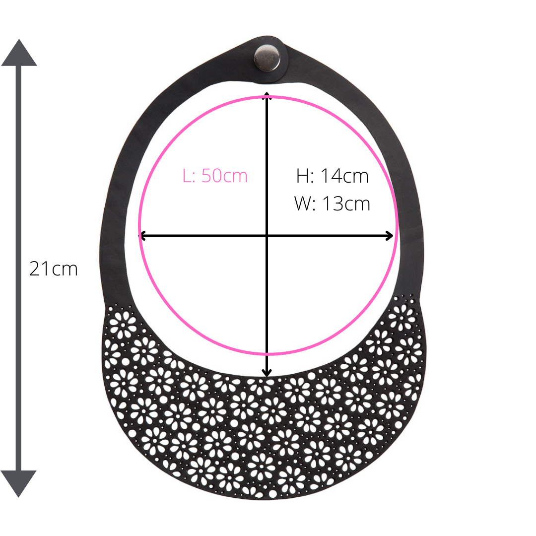 Paguro Upcycle black upcycled inner tube necklace with floral cutout teardrop pendant and size measurements