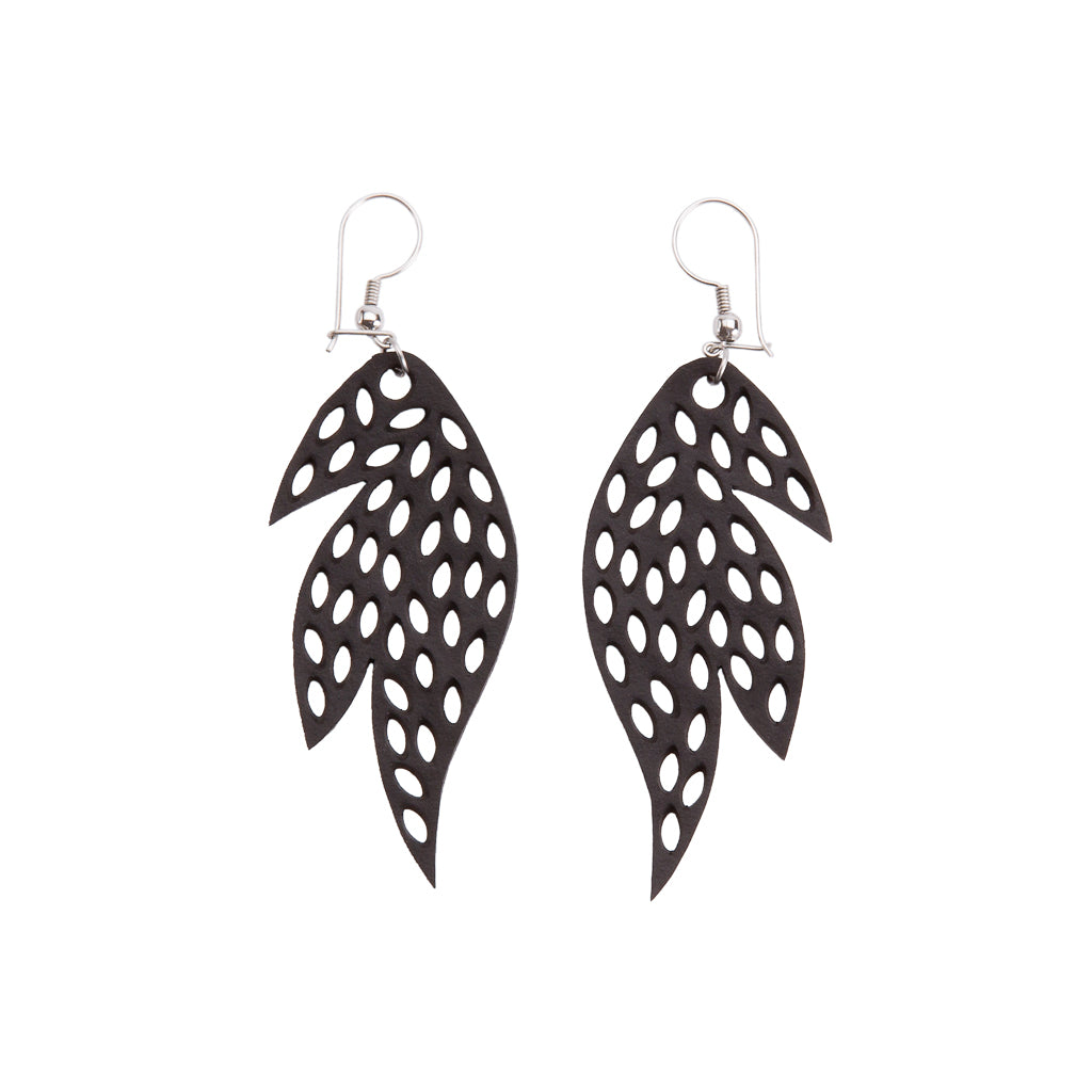 Paguro Upcycle recycled rubber earrings black leaf shaped cutout design with silver hooks