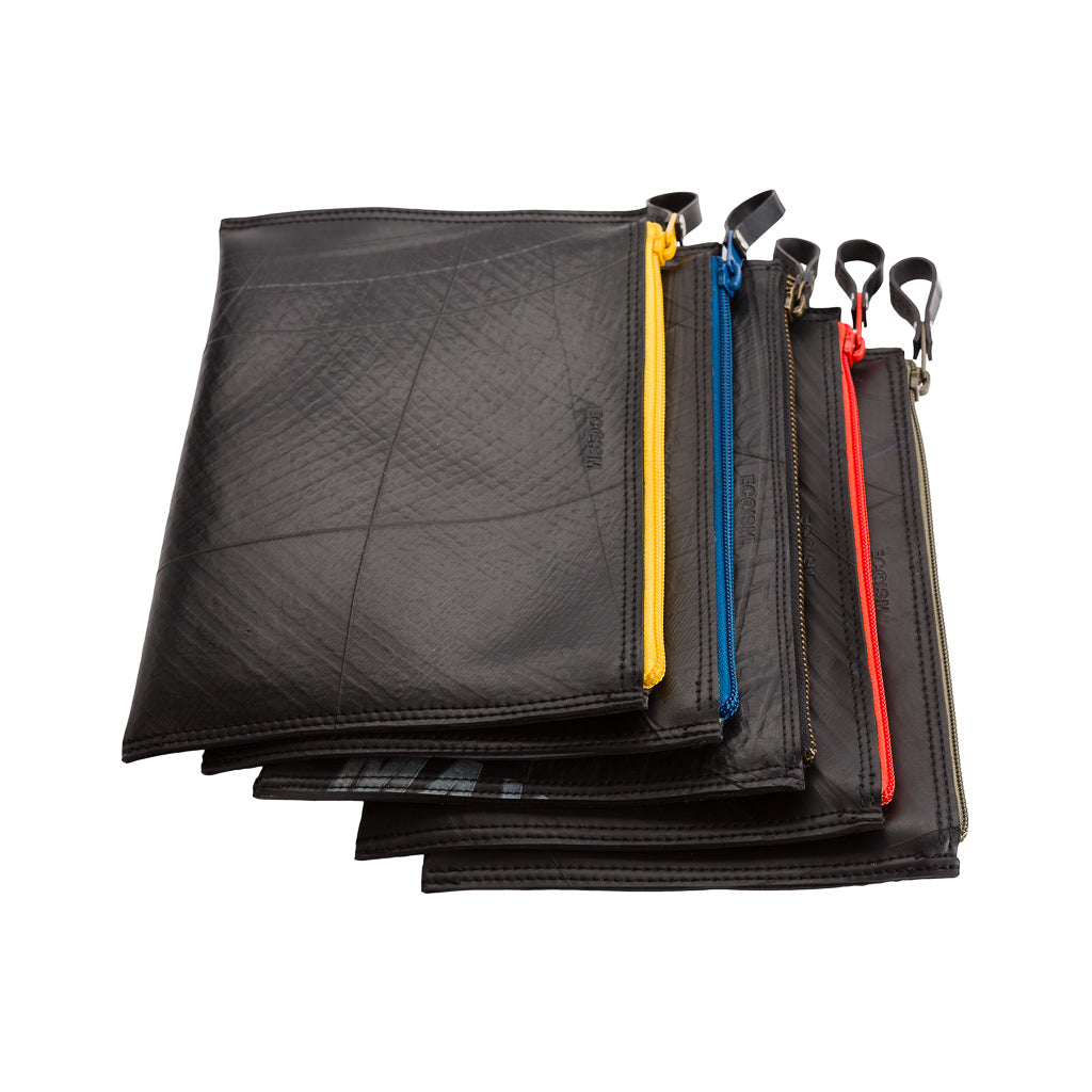 Paguro Upcycle vegan flat pouch bag set with colorful zipper travel pouches in black