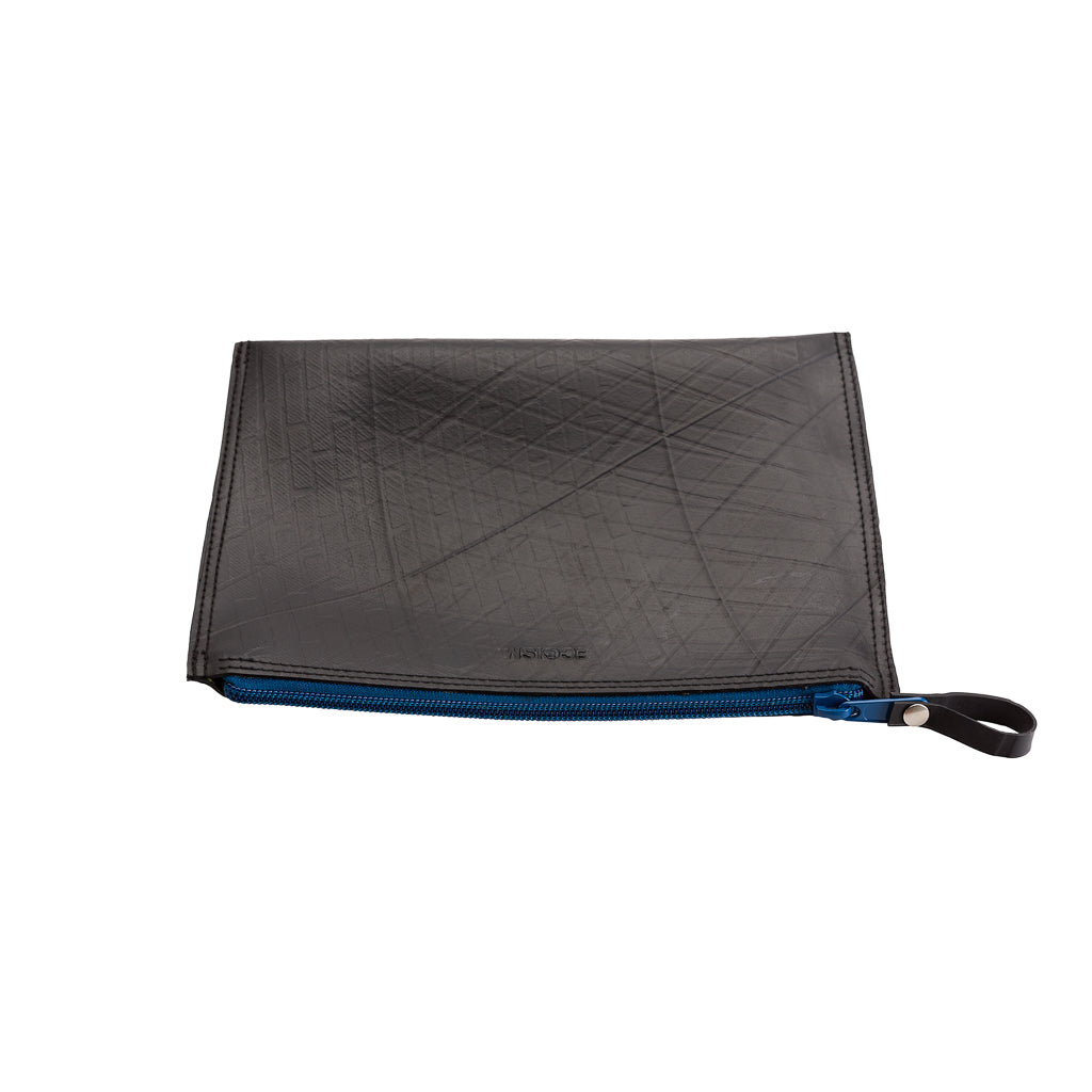 Paguro Upcycle vegan flat pouch bag in black with blue zipper travel pouch