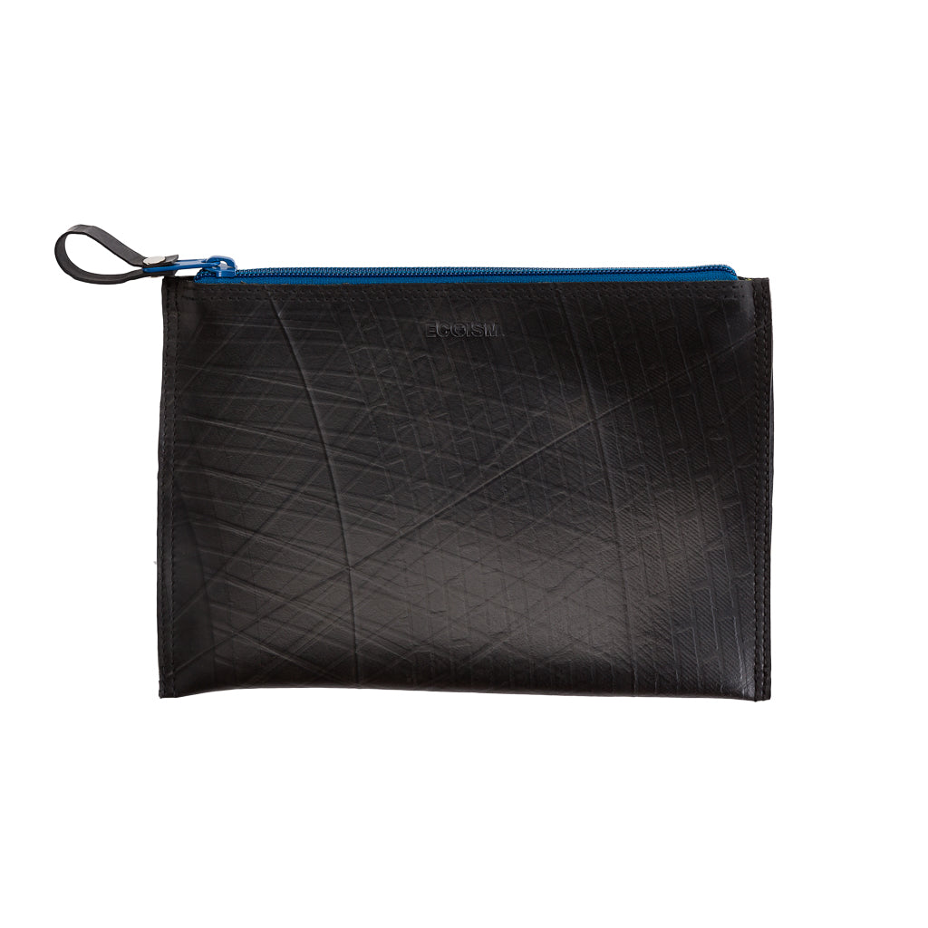 Paguro Upcycle black vegan flat pouch bag with blue zipper ideal for travel organization