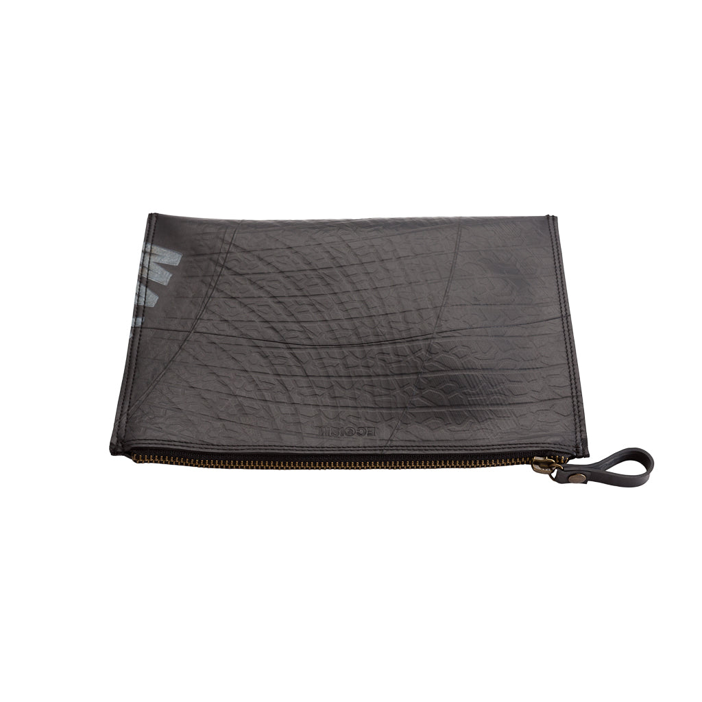 Paguro Upcycle black vegan flat pouch bag with zipper closure and textured surface for travel