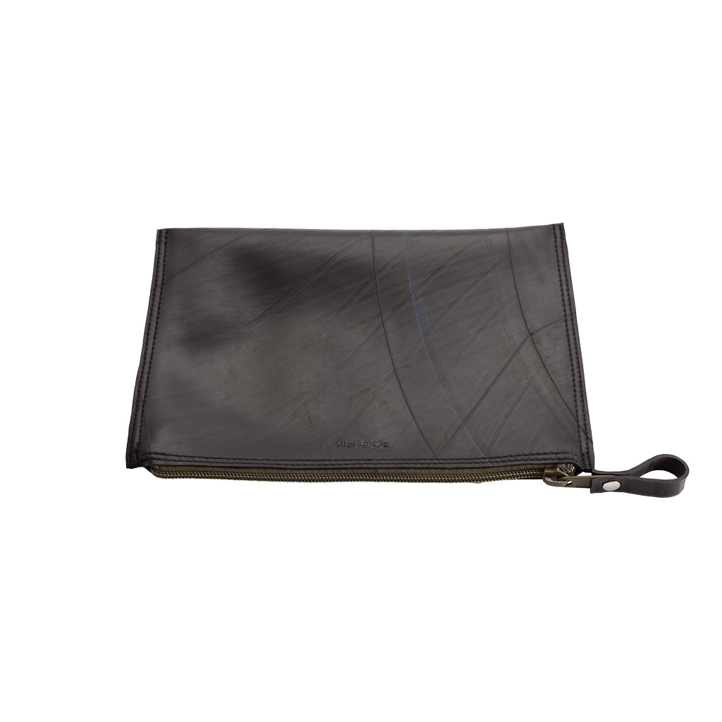 Paguro Upcycle black vegan flat pouch bag travel pouch with zipper closure
