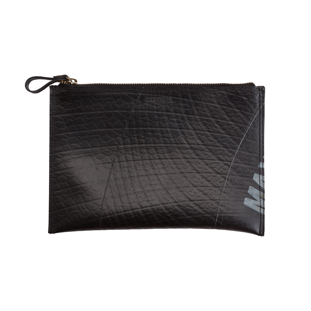 Paguro Upcycle black vegan flat pouch bag with zipper closure and textured surface