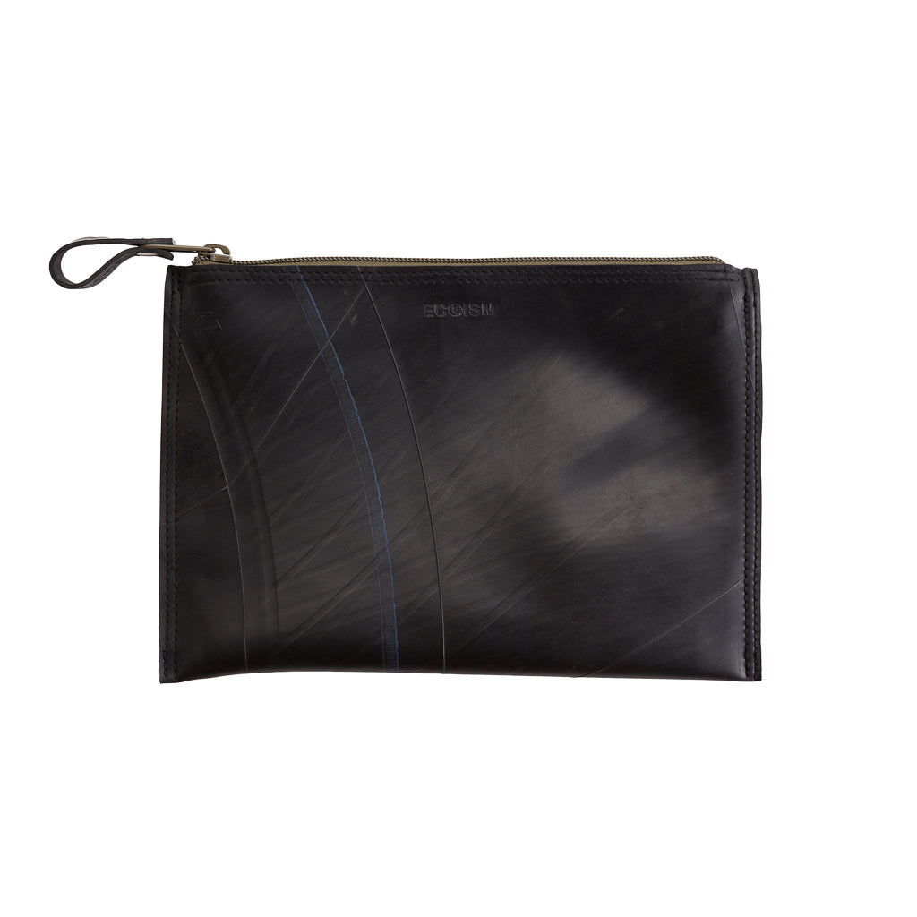 Paguro Upcycle black vegan flat pouch bag travel pouch with zipper and wrist strap