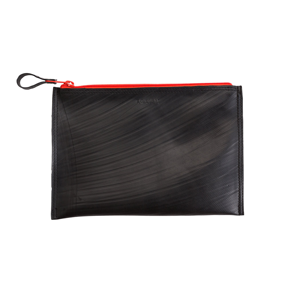 Paguro Upcycle black vegan flat pouch bag with red zipper ideal for travel and organization