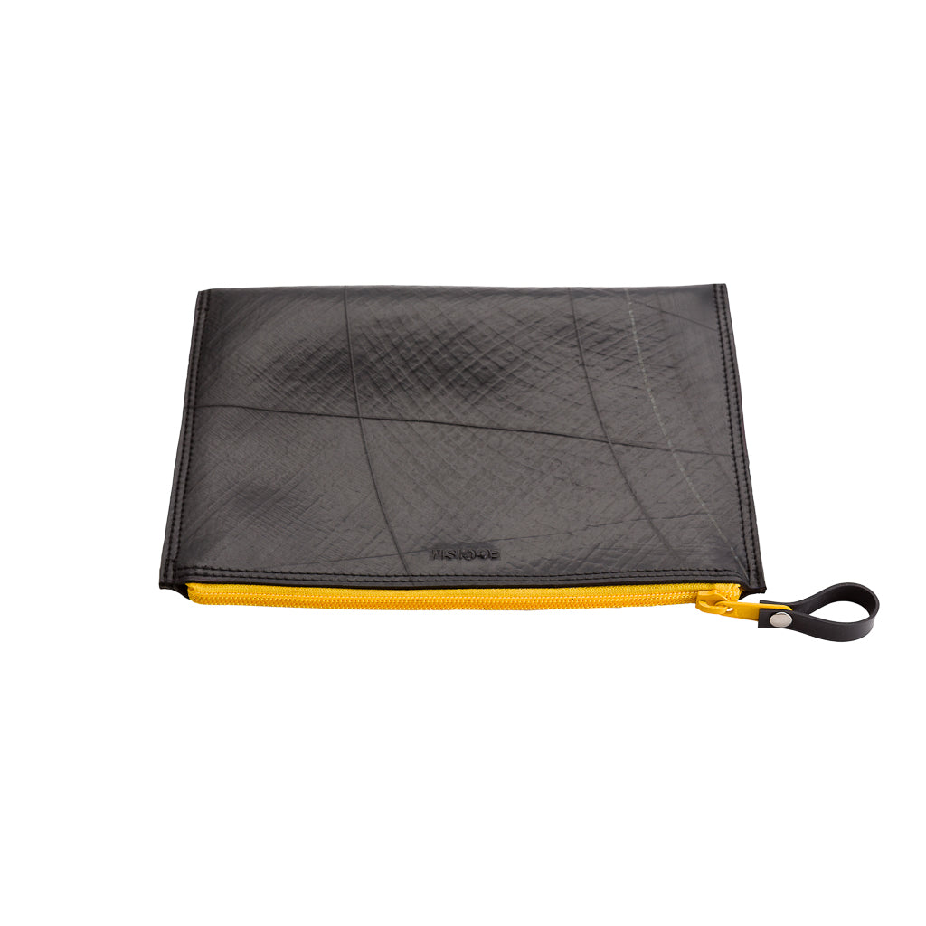 Paguro Upcycle black vegan flat pouch bag with yellow zipper travel pouch