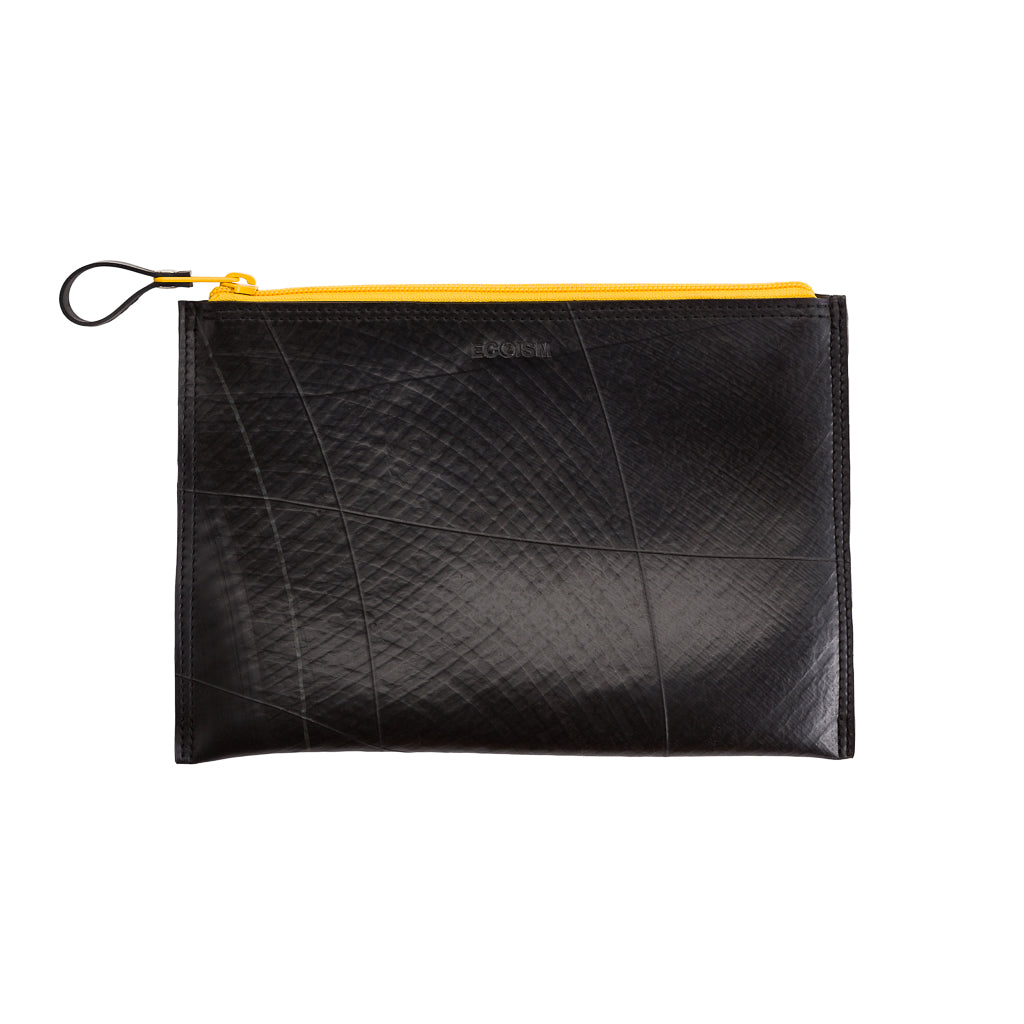 Paguro Upcycle black vegan flat pouch bag with yellow zipper for travel and organization
