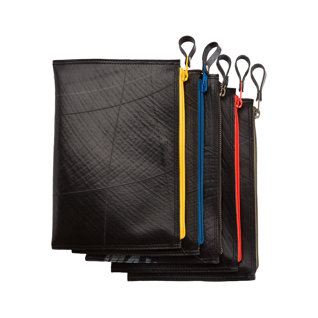 Paguro Upcycle vegan flat pouch bag set with colorful zippers for organized travel storage