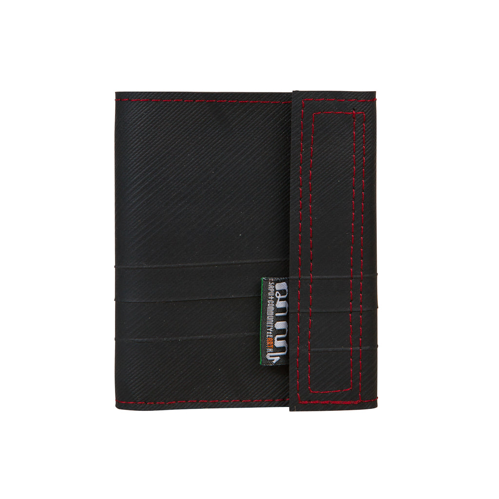 Paguro Upcycle black vegan recycled wallet with red stitching and secure strap closure